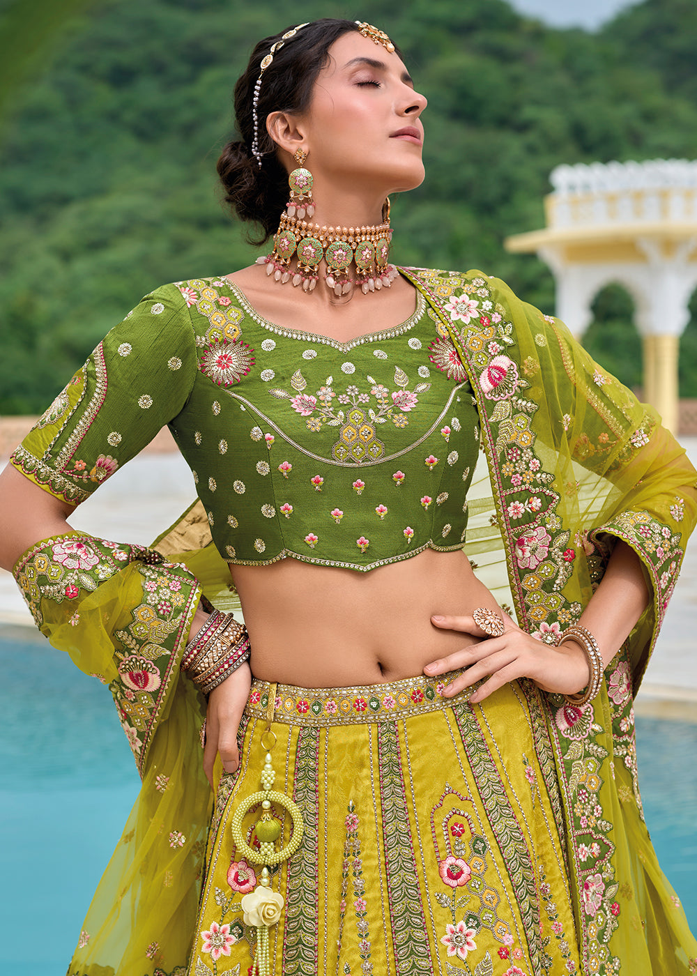 Buy Now Yellow & Green Heavy Embroidered Bridal Style Lehenga Choli Online in USA, UK, Canada, France & Worldwide at Empress Clothing.