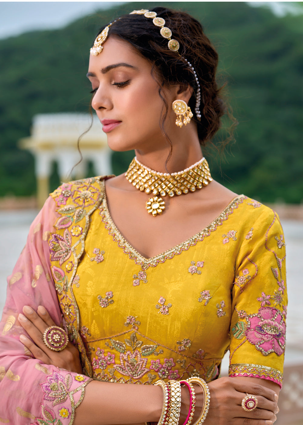 Buy Now Yellow & Pink Heavy Embroidered Bridal Style Lehenga Choli Online in USA, UK, Canada, France & Worldwide at Empress Clothing. 