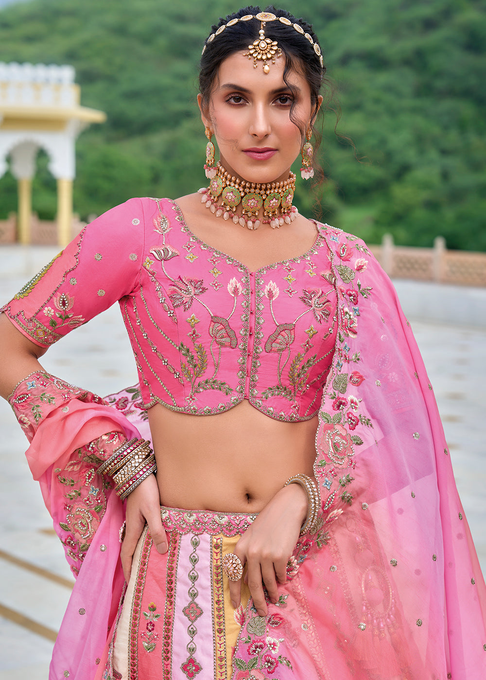 Buy Now Pink Multicolor Heavy Embroidered Bridal Style Lehenga Choli Online in USA, UK, Canada, France & Worldwide at Empress Clothing.