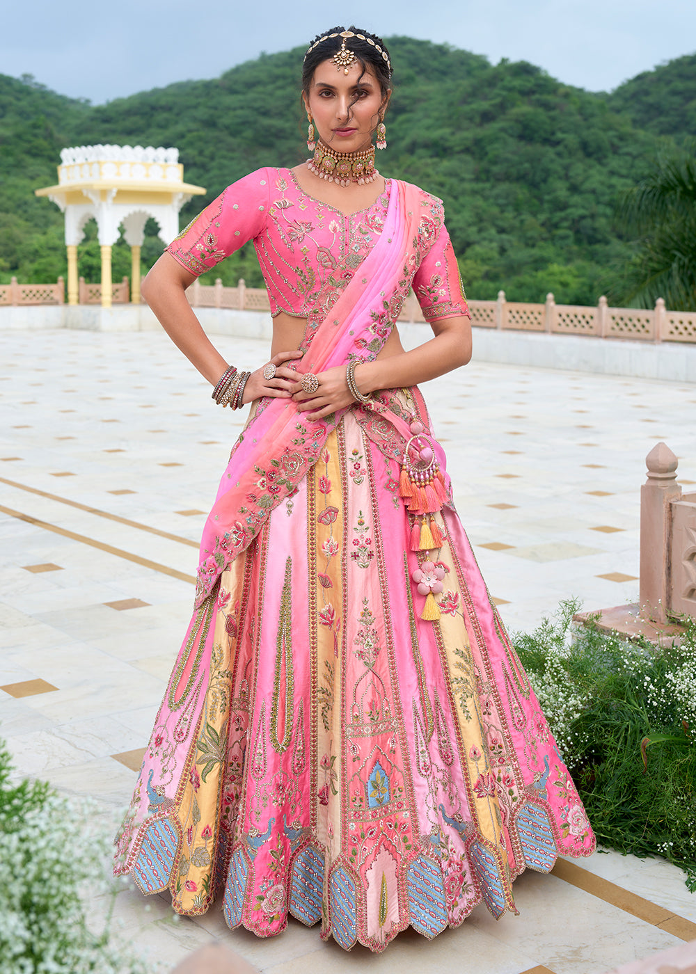 Buy Now Pink Multicolor Heavy Embroidered Bridal Style Lehenga Choli Online in USA, UK, Canada, France & Worldwide at Empress Clothing.