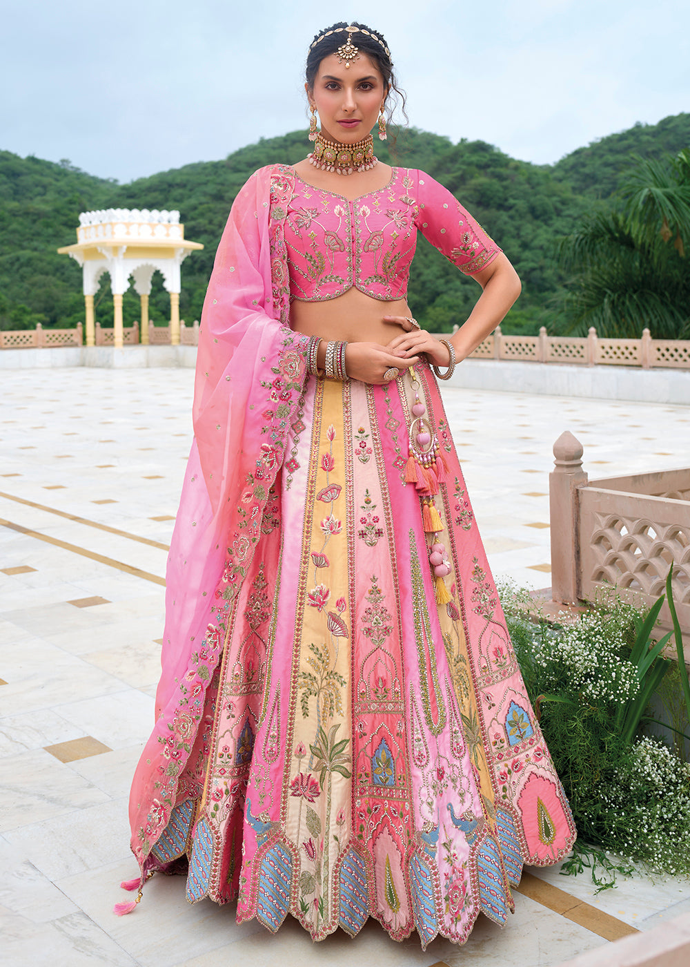 Buy Now Pink Multicolor Heavy Embroidered Bridal Style Lehenga Choli Online in USA, UK, Canada, France & Worldwide at Empress Clothing.