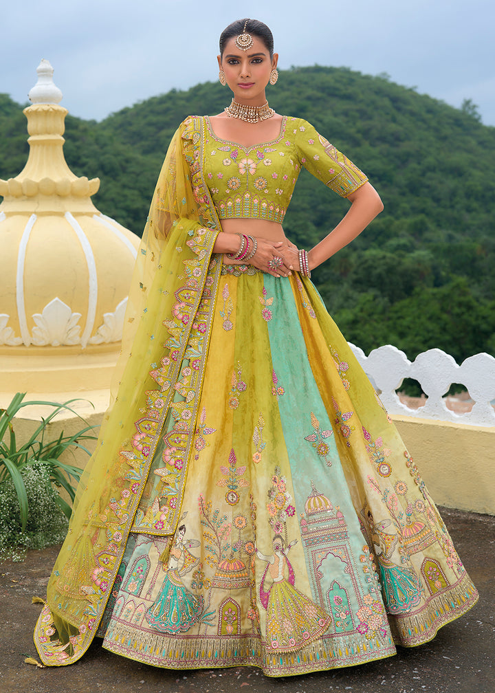 Buy Now Bridal Green & Mustard Heavy Embroidered Designer Lehenga Choli Online in USA, UK, Canada, France & Worldwide at Empress Clothing.