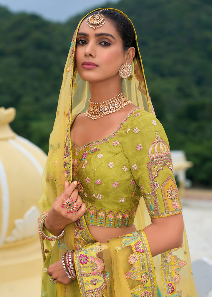 Buy Now Bridal Green & Mustard Heavy Embroidered Designer Lehenga Choli Online in USA, UK, Canada, France & Worldwide at Empress Clothing.