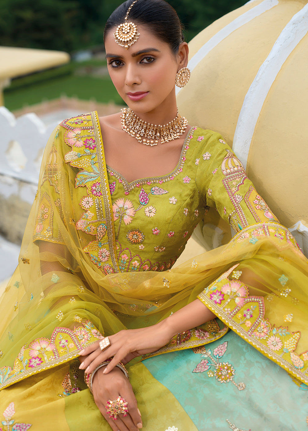 Buy Now Bridal Green & Mustard Heavy Embroidered Designer Lehenga Choli Online in USA, UK, Canada, France & Worldwide at Empress Clothing.