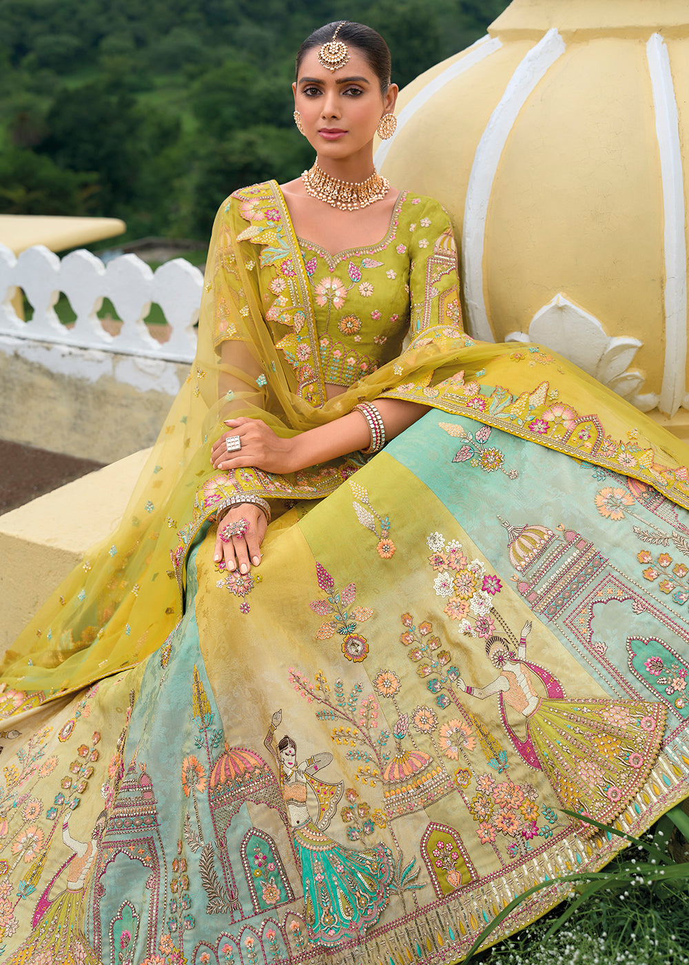 Buy Now Bridal Green & Mustard Heavy Embroidered Designer Lehenga Choli Online in USA, UK, Canada, France & Worldwide at Empress Clothing.