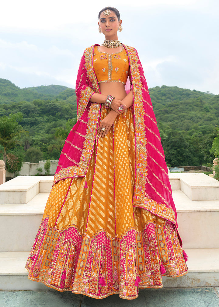 Buy Now Bridal Orange Pink Heavy Embroidered Designer Lehenga Choli Online in USA, UK, Canada, France & Worldwide at Empress Clothing.