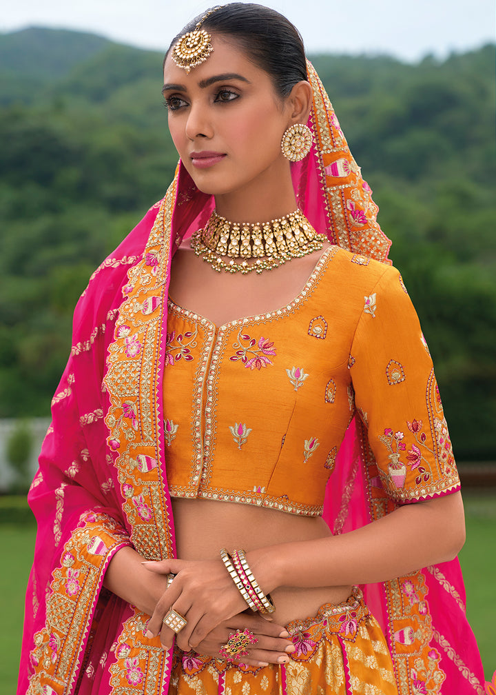 Buy Now Bridal Orange Pink Heavy Embroidered Designer Lehenga Choli Online in USA, UK, Canada, France & Worldwide at Empress Clothing.