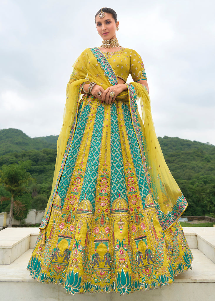 Haldi Dress Yellow Lehenga Online Buy Bridal Green Rama Heavy Embroidered  Designer Lehenga Choli In UK  Empress Clothing