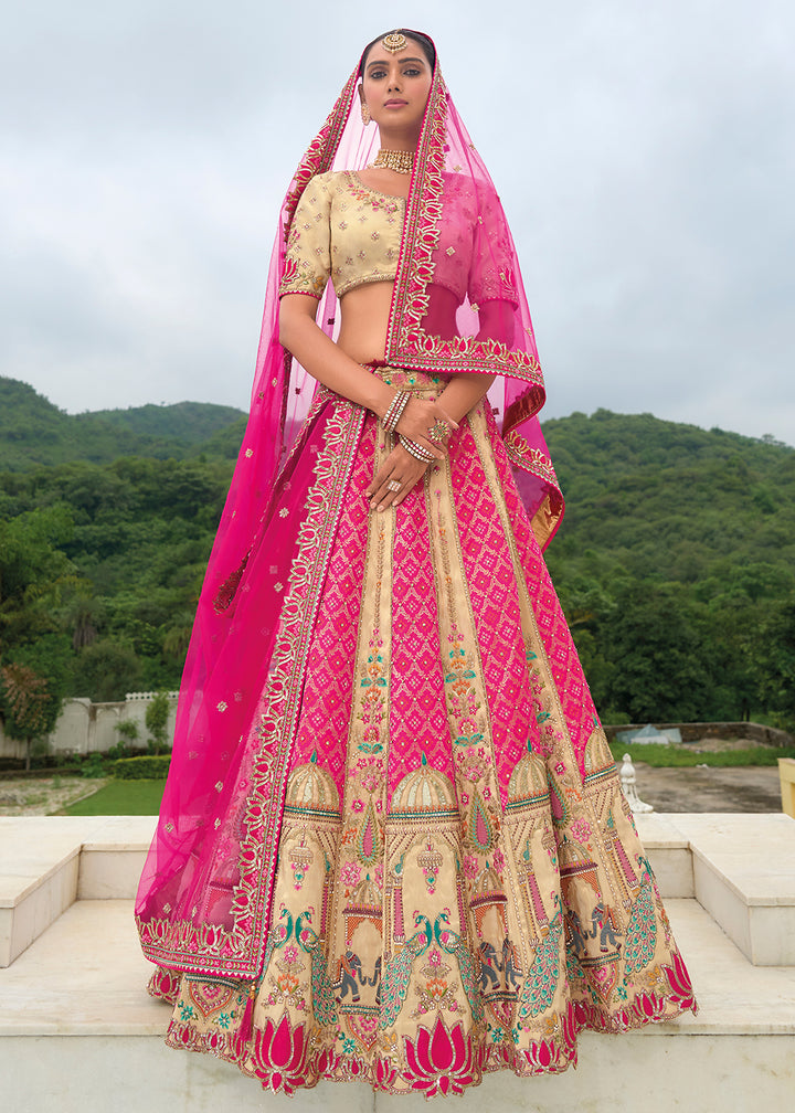 Buy Now Bridal Cream Pink Heavy Embroidered Designer Lehenga Choli Online in USA, UK, Canada, France & Worldwide at Empress Clothing. 