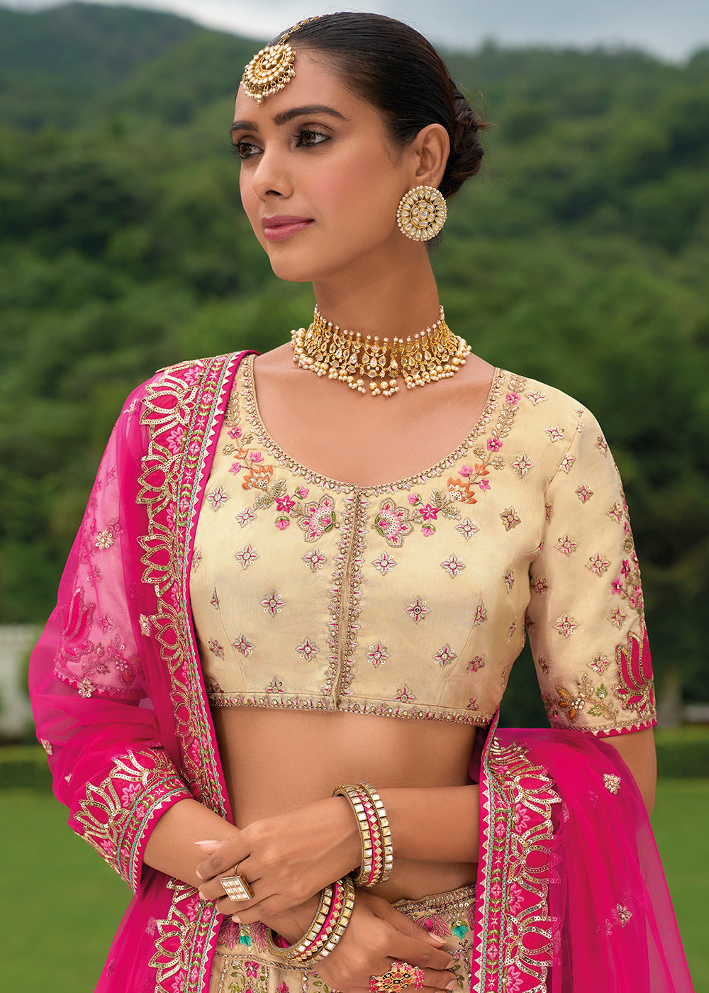 Buy Now Bridal Cream Pink Heavy Embroidered Designer Lehenga Choli Online in USA, UK, Canada, France & Worldwide at Empress Clothing. 