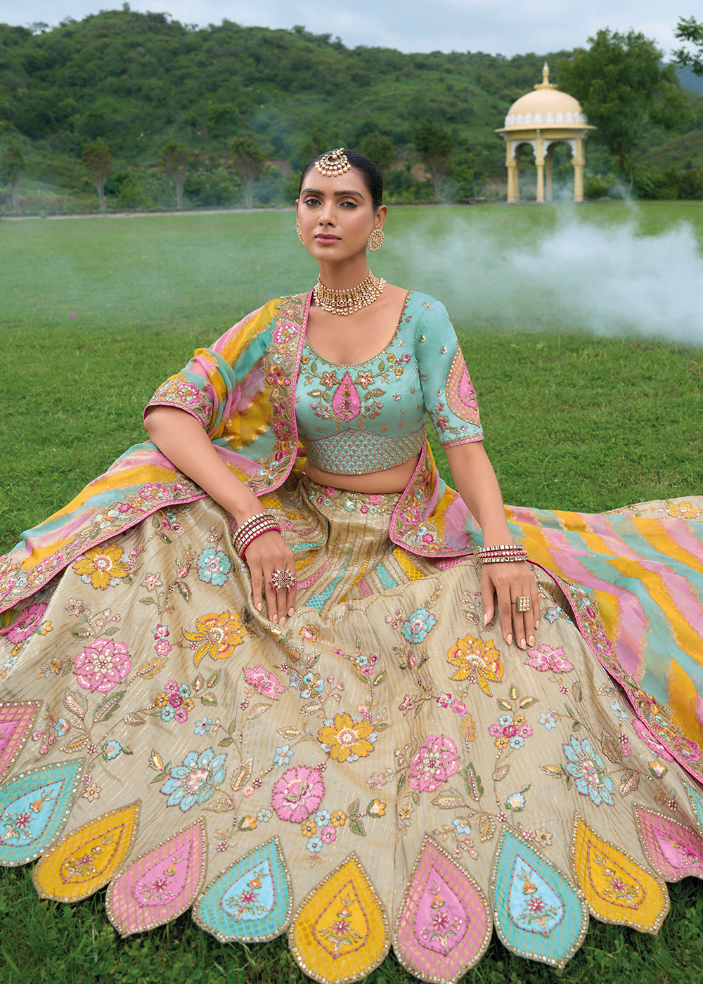 Buy Now Bridal Beige Blue Heavy Embroidered Designer Lehenga Choli Online in USA, UK, Canada, France & Worldwide at Empress Clothing.