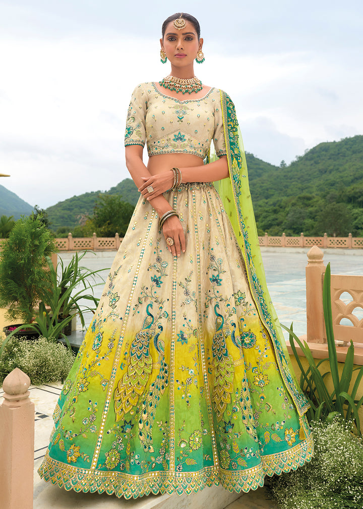 Buy Now Bridal Beige Green Heavy Embroidered Designer Lehenga Choli Online in USA, UK, Canada, France & Worldwide at Empress Clothing.