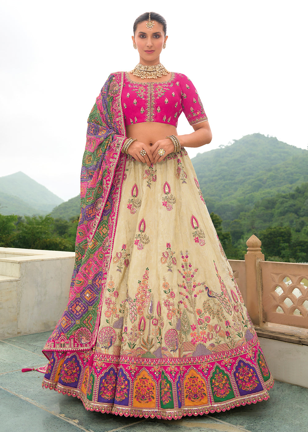 Buy Now Bridal Pink Cream Heavy Embroidered Designer Lehenga Choli Online in USA, UK, Canada, France & Worldwide at Empress Clothing.