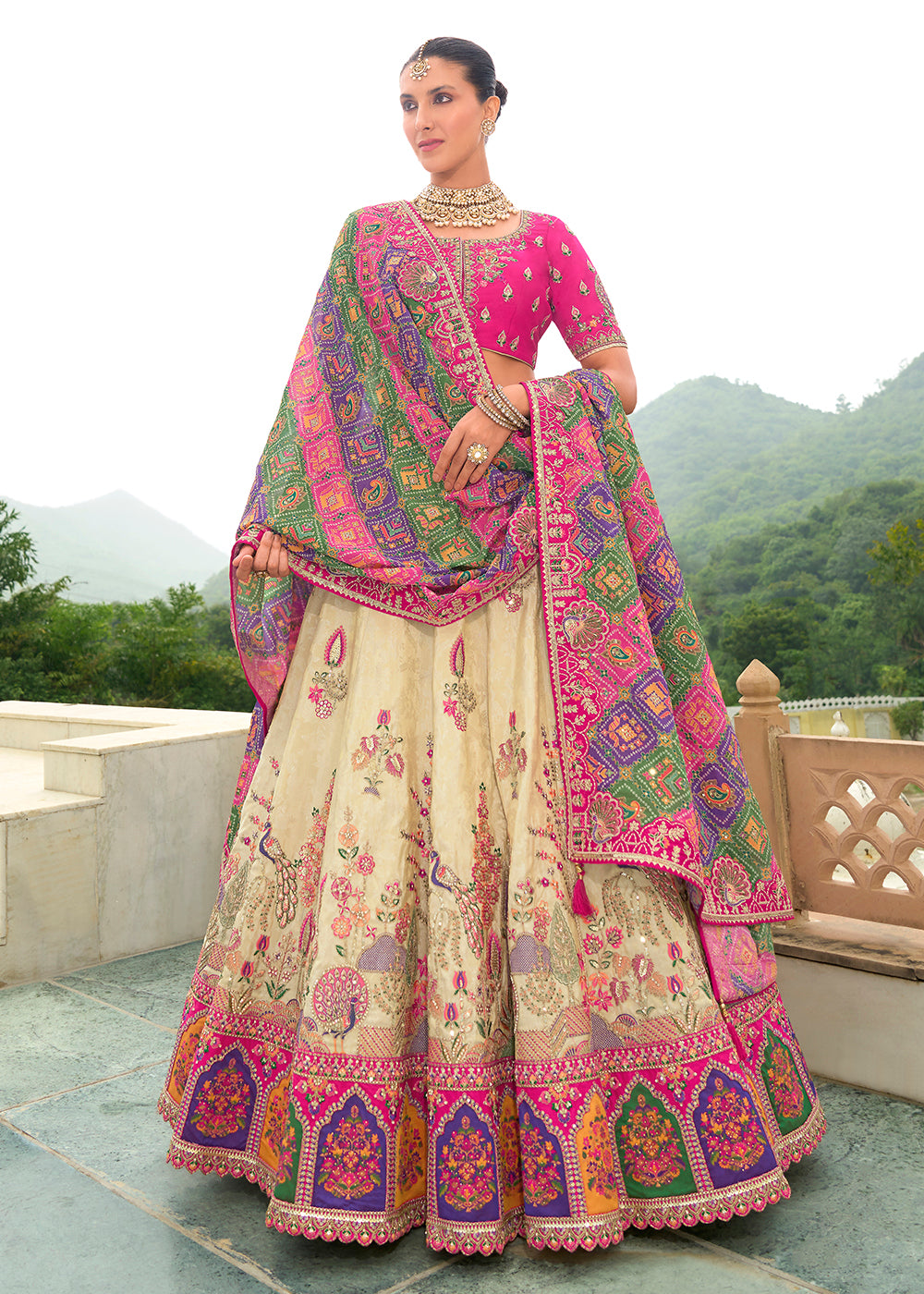 Buy Now Bridal Pink Cream Heavy Embroidered Designer Lehenga Choli Online in USA, UK, Canada, France & Worldwide at Empress Clothing.