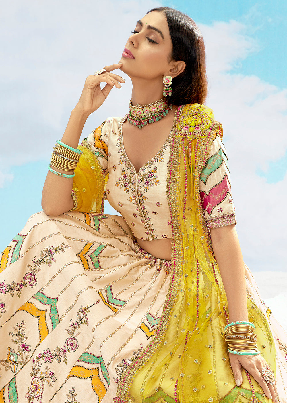 Buy Now Cream Fancy Silk Heavy Embroidered Bridal Lehenga Choli Online in USA, UK, Canada, France, Italy, Germany, Austria, UAE & Worldwide at Empress.