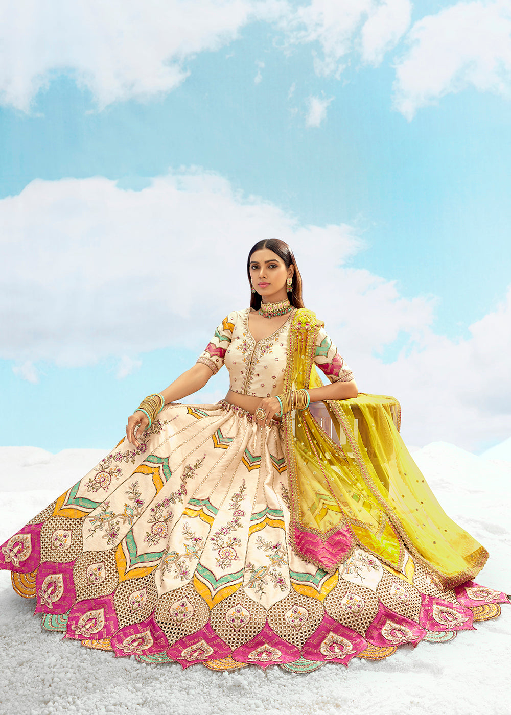 Buy Now Cream Fancy Silk Heavy Embroidered Bridal Lehenga Choli Online in USA, UK, Canada, France, Italy, Germany, Austria, UAE & Worldwide at Empress.