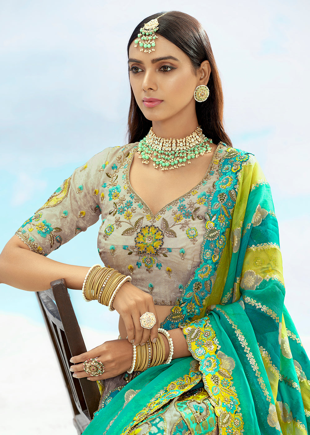 Buy Now Ash Grey Fancy Silk Heavy Embroidered Bridal Lehenga Choli Online in USA, UK, Canada, France, Italy, Germany, Austria, UAE & Worldwide at Empress.