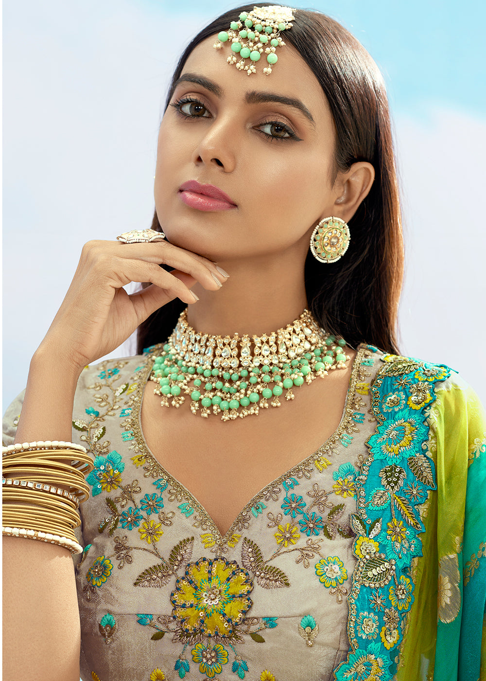 Buy Now Ash Grey Fancy Silk Heavy Embroidered Bridal Lehenga Choli Online in USA, UK, Canada, France, Italy, Germany, Austria, UAE & Worldwide at Empress.