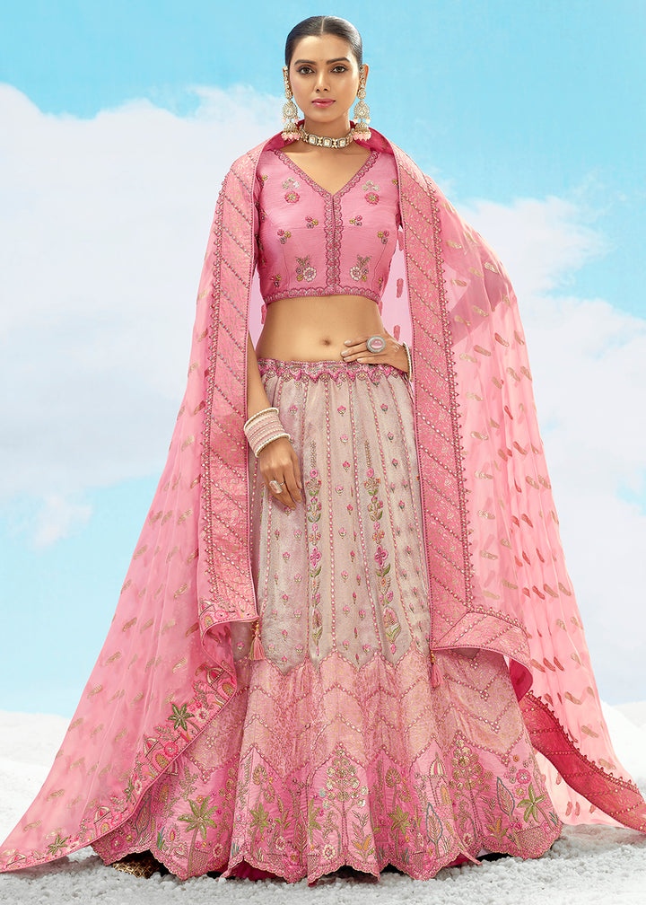 Buy Now Pretty Pink Fancy Silk Heavy Embroidered Bridal Lehenga Choli Online in USA, UK, Canada, France, Italy, Germany, Austria, UAE & Worldwide at Empress.