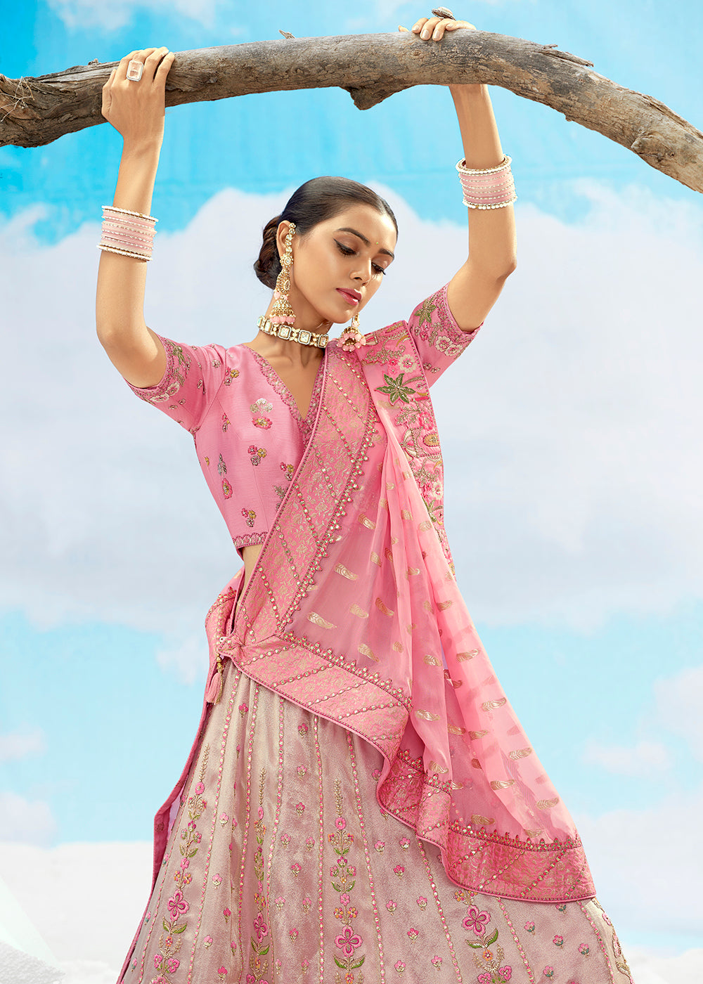 Buy Now Pretty Pink Fancy Silk Heavy Embroidered Bridal Lehenga Choli Online in USA, UK, Canada, France, Italy, Germany, Austria, UAE & Worldwide at Empress.