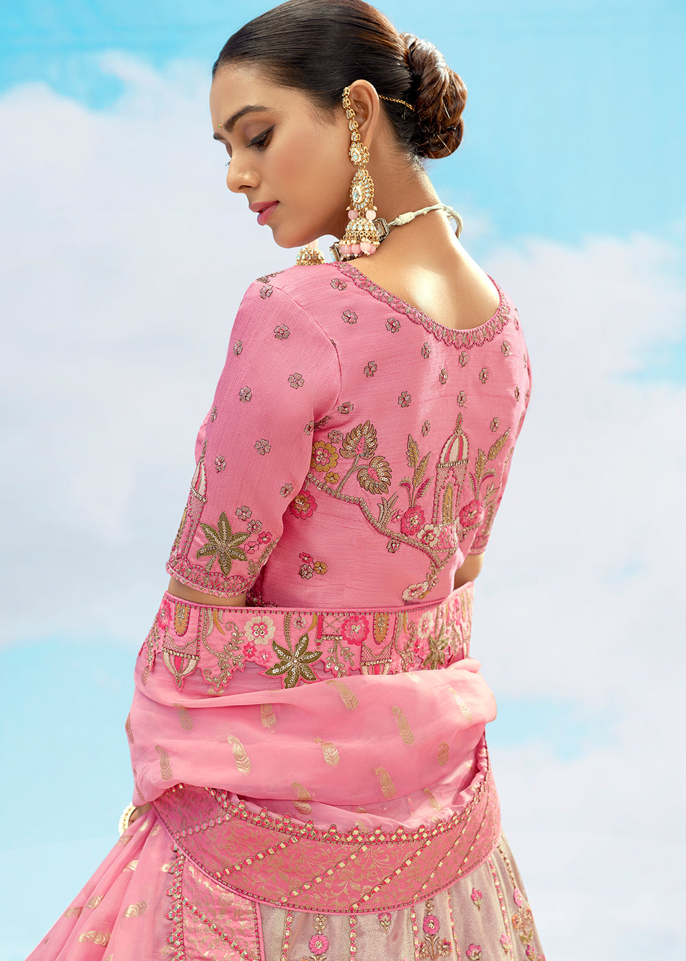 Buy Now Pretty Pink Fancy Silk Heavy Embroidered Bridal Lehenga Choli Online in USA, UK, Canada, France, Italy, Germany, Austria, UAE & Worldwide at Empress.