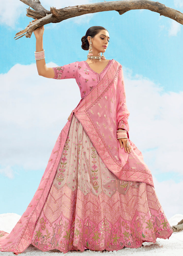 Buy Now Pretty Pink Fancy Silk Heavy Embroidered Bridal Lehenga Choli Online in USA, UK, Canada, France, Italy, Germany, Austria, UAE & Worldwide at Empress.