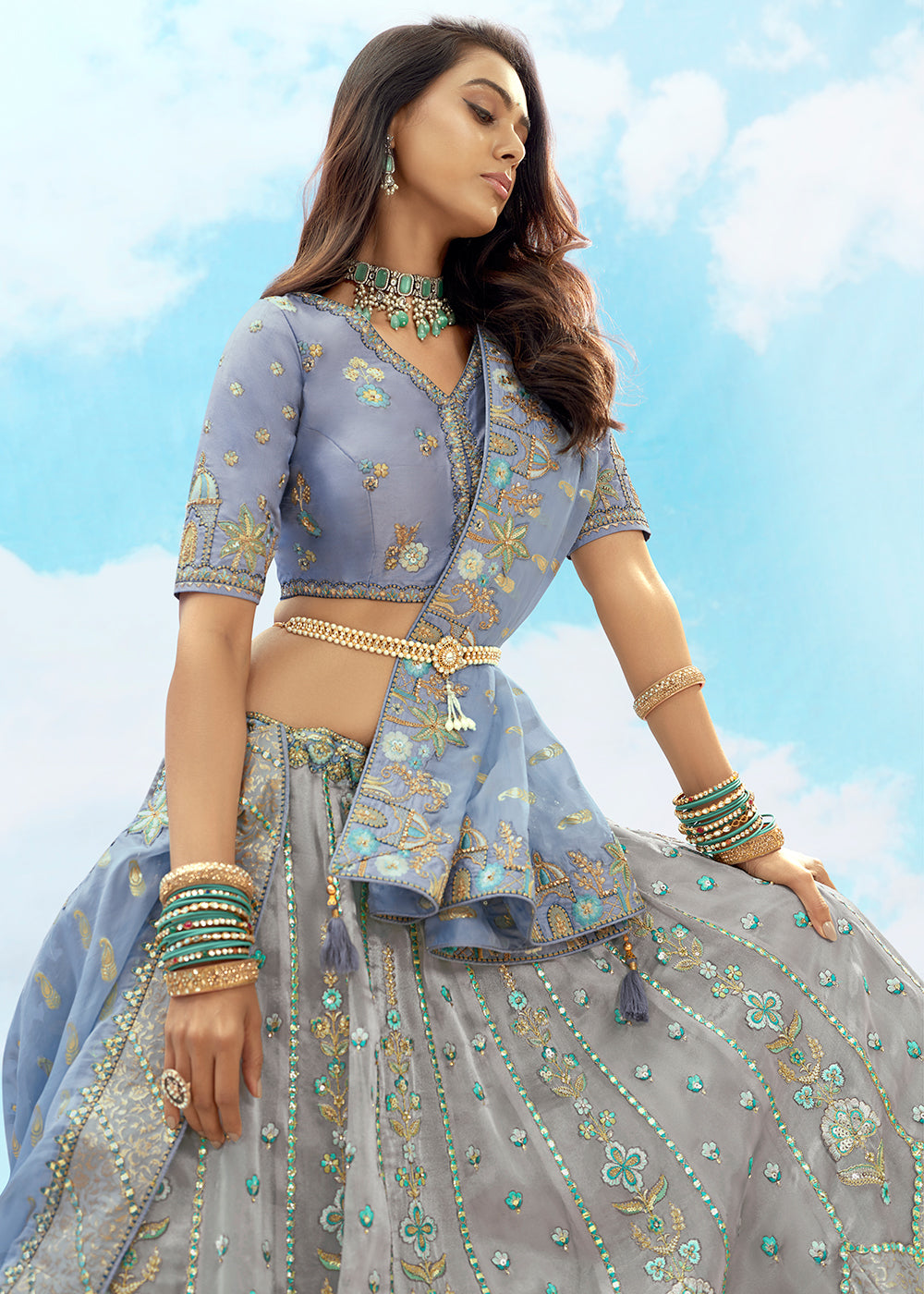 Buy Now Silver Grey Fancy Silk Heavy Embroidered Bridal Lehenga Choli Online in USA, UK, Canada, France, Italy, Germany, Austria, UAE & Worldwide at Empress.