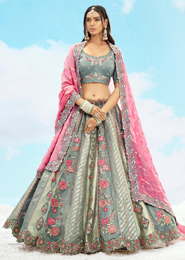 Buy Now Grey Fancy Silk Heavy Embroidered Bridal Lehenga Choli Online in USA, UK, Canada, France, Italy, Germany, Austria, UAE & Worldwide at Empress.