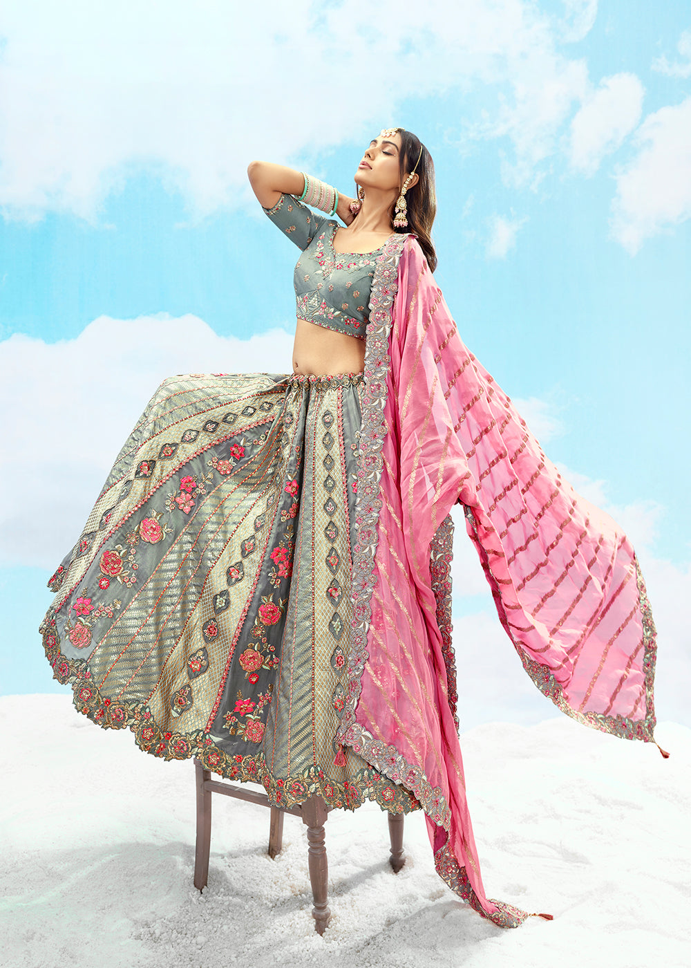 Buy Now Grey Fancy Silk Heavy Embroidered Bridal Lehenga Choli Online in USA, UK, Canada, France, Italy, Germany, Austria, UAE & Worldwide at Empress.