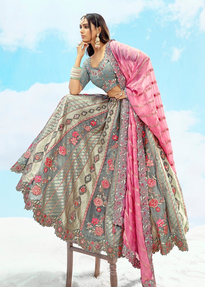 Buy Now Grey Fancy Silk Heavy Embroidered Bridal Lehenga Choli Online in USA, UK, Canada, France, Italy, Germany, Austria, UAE & Worldwide at Empress.