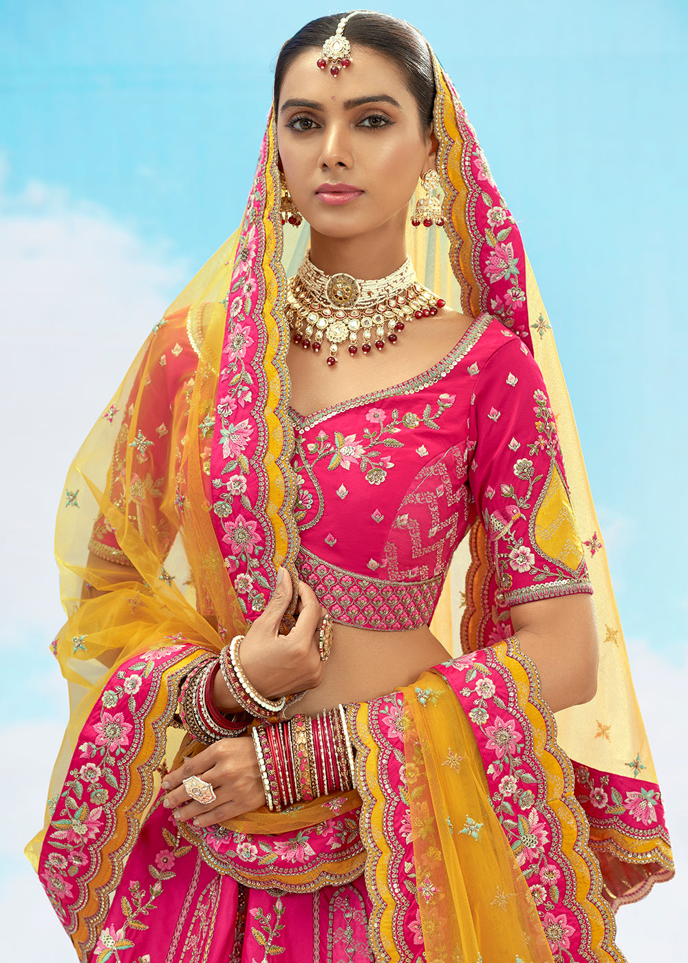 Buy Now Rani Pink Fancy Silk Heavy Embroidered Bridal Lehenga Choli Online in USA, UK, Canada, France, Italy, Germany, Austria, UAE & Worldwide at Empress.