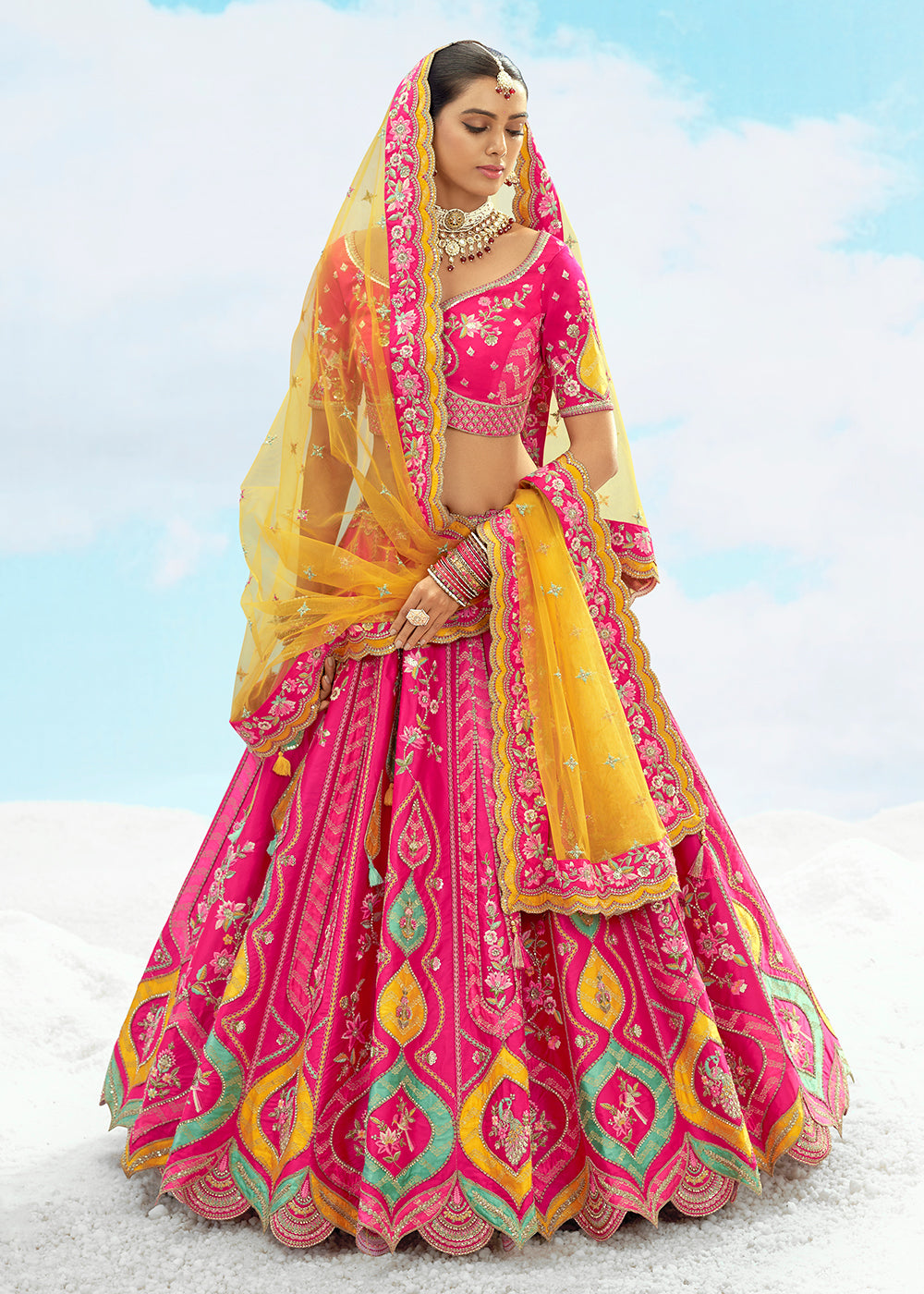 Buy Now Rani Pink Fancy Silk Heavy Embroidered Bridal Lehenga Choli Online in USA, UK, Canada, France, Italy, Germany, Austria, UAE & Worldwide at Empress.