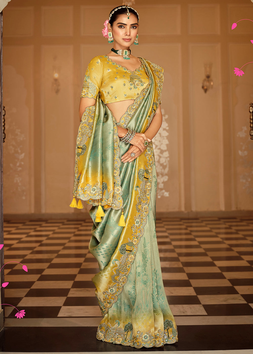 Buy Now Green & Mustard Traditional Embroidered Designer Saree Online in US, UK, Canada, France, Germany, Denmark, Netherlands, Sweden & Worldwide at Empress.
