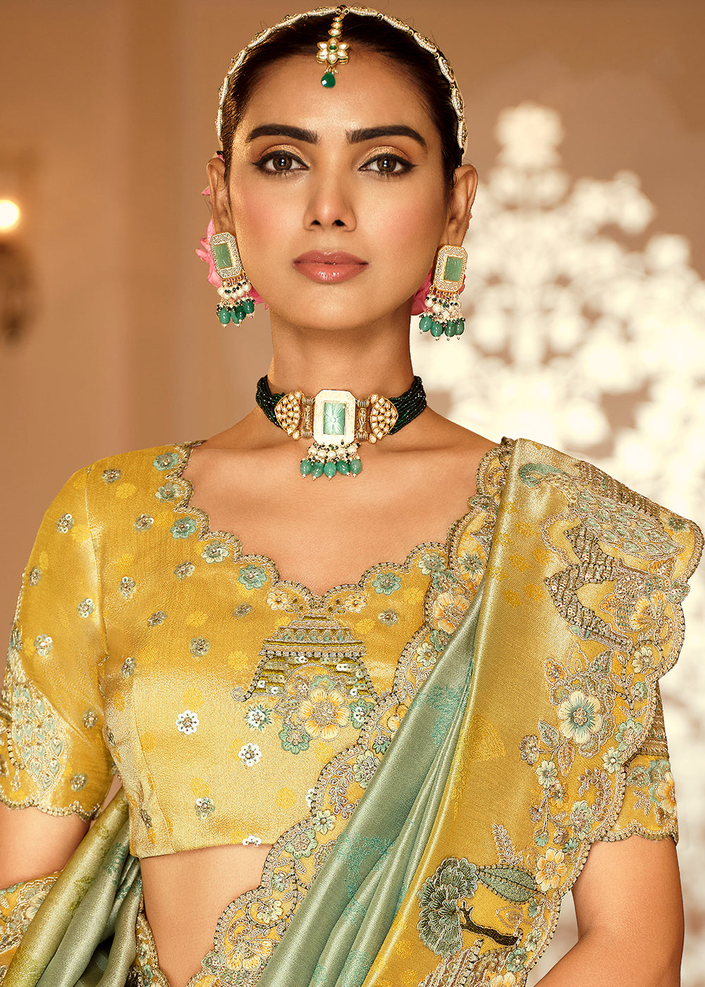 Buy Now Green & Mustard Traditional Embroidered Designer Saree Online in US, UK, Canada, France, Germany, Denmark, Netherlands, Sweden & Worldwide at Empress.