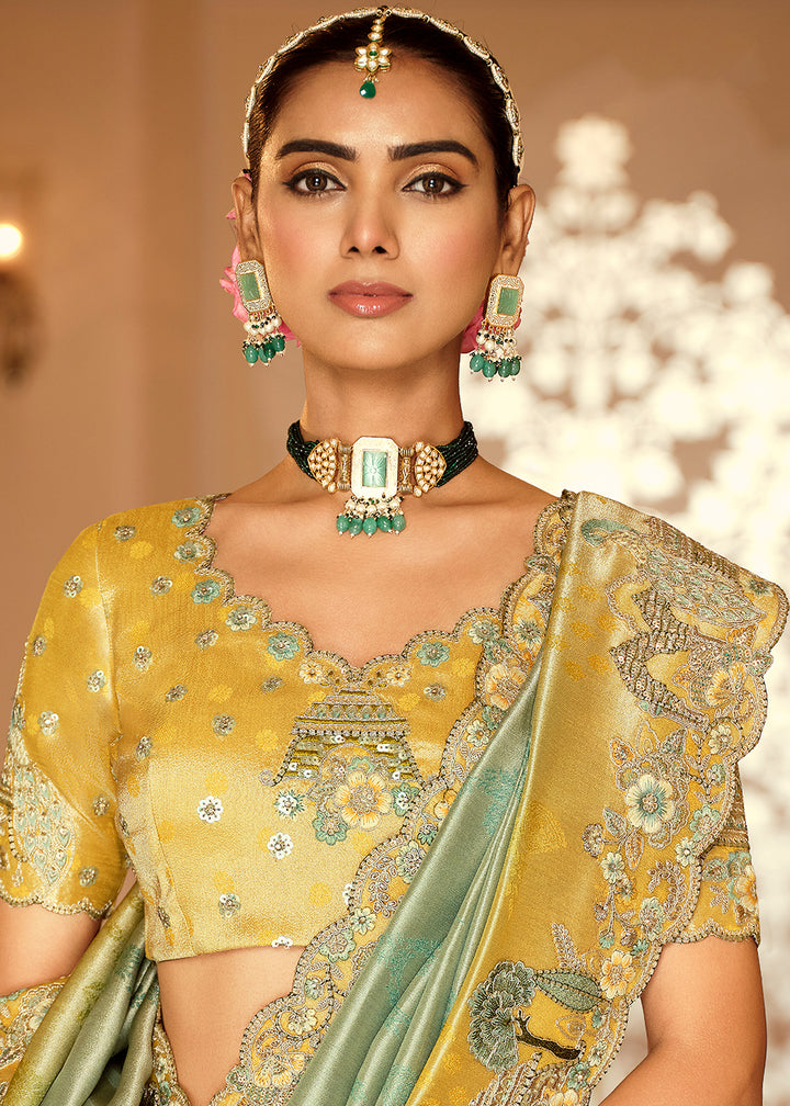 Buy Now Green & Mustard Traditional Embroidered Designer Saree Online in US, UK, Canada, France, Germany, Denmark, Netherlands, Sweden & Worldwide at Empress.