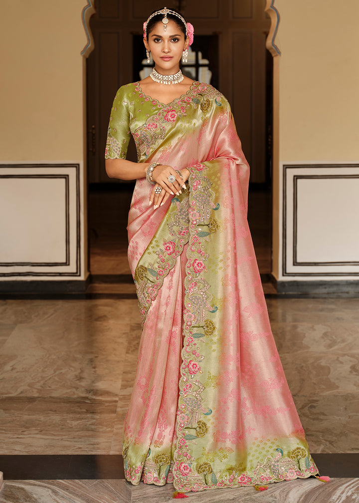 Buy Now Pink & Green Traditional Embroidered Designer Saree Online in US, UK, Canada, France, Germany, Denmark, Netherlands, Sweden, UAE & Worldwide at Empress.