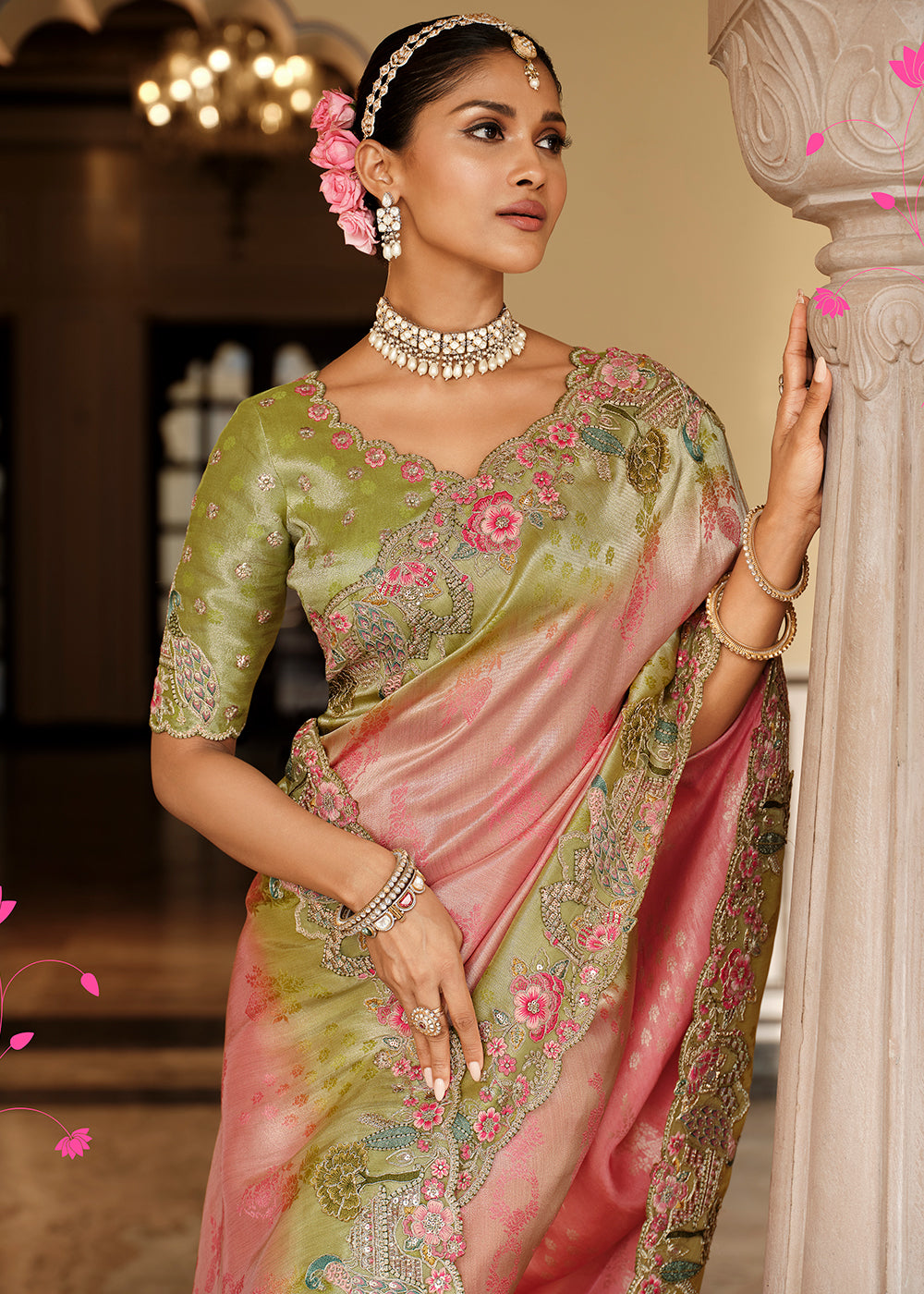 Buy Now Pink & Green Traditional Embroidered Designer Saree Online in US, UK, Canada, France, Germany, Denmark, Netherlands, Sweden, UAE & Worldwide at Empress.