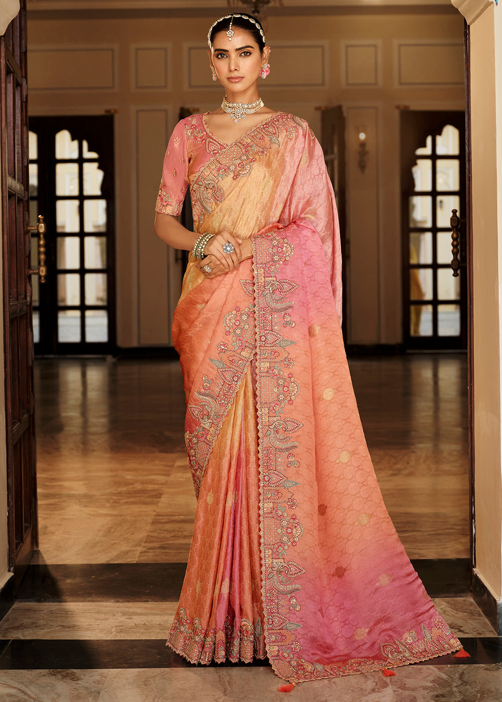 Buy Now Peach & Pink Traditional Embroidered Designer Saree Online in US, UK, Canada, France, Germany, Denmark, Netherlands, Sweden, UAE & Worldwide at Empress.