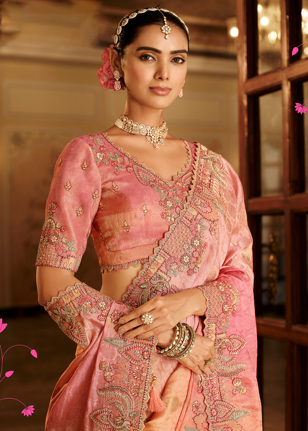Buy Now Peach & Pink Traditional Embroidered Designer Saree Online in US, UK, Canada, France, Germany, Denmark, Netherlands, Sweden, UAE & Worldwide at Empress.