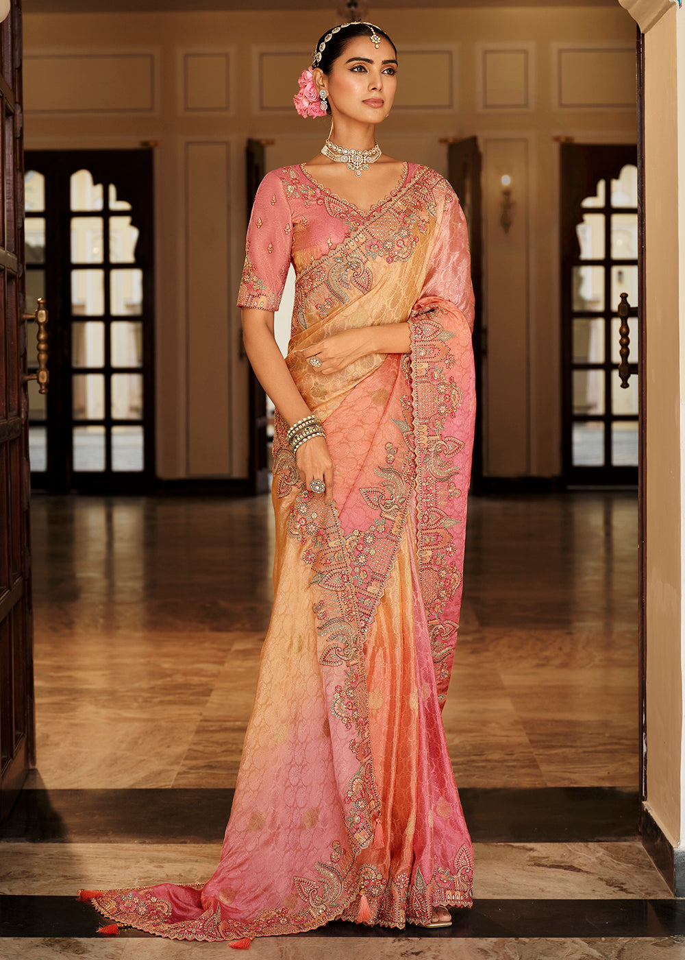 Buy Now Peach & Pink Traditional Embroidered Designer Saree Online in US, UK, Canada, France, Germany, Denmark, Netherlands, Sweden, UAE & Worldwide at Empress.