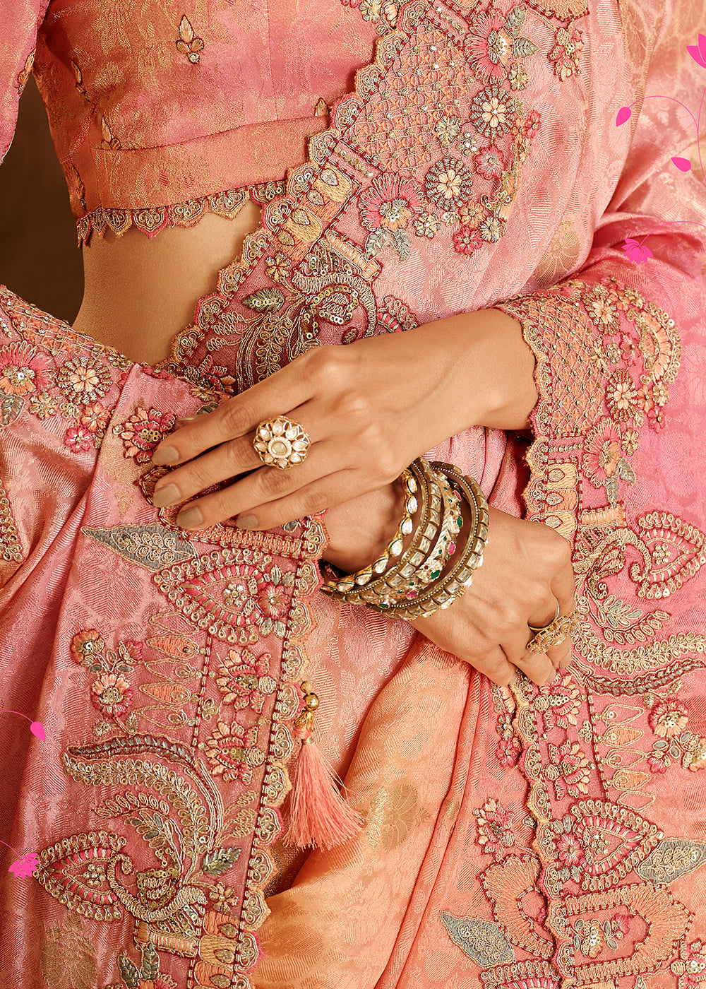Buy Now Peach & Pink Traditional Embroidered Designer Saree Online in US, UK, Canada, France, Germany, Denmark, Netherlands, Sweden, UAE & Worldwide at Empress.