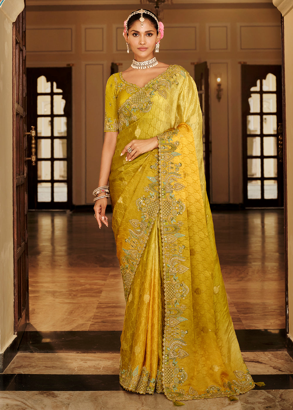Buy Now Mustard & Green Traditional Embroidered Designer Saree Online in US, UK, Canada, France, Germany, Denmark, Netherlands, Sweden & Worldwide at Empress.