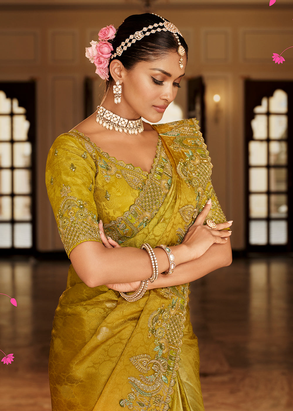 Buy Now Mustard & Green Traditional Embroidered Designer Saree Online in US, UK, Canada, France, Germany, Denmark, Netherlands, Sweden & Worldwide at Empress.