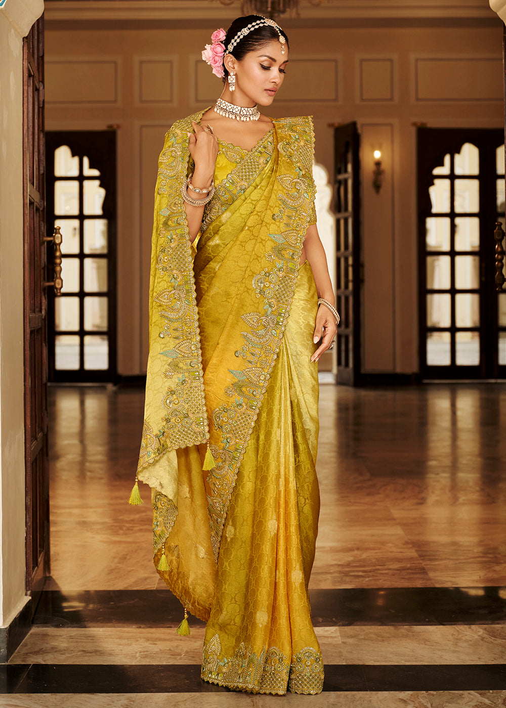 Buy Now Mustard & Green Traditional Embroidered Designer Saree Online in US, UK, Canada, France, Germany, Denmark, Netherlands, Sweden & Worldwide at Empress.
