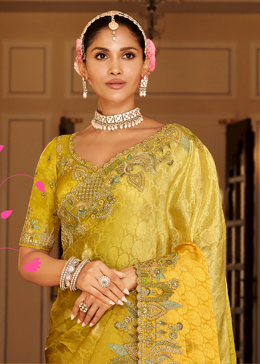 Buy Now Mustard & Green Traditional Embroidered Designer Saree Online in US, UK, Canada, France, Germany, Denmark, Netherlands, Sweden & Worldwide at Empress.
