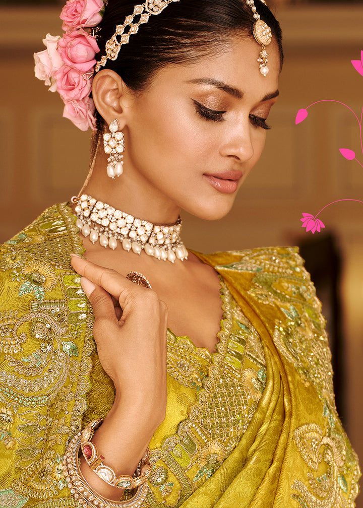 Buy Now Mustard & Green Traditional Embroidered Designer Saree Online in US, UK, Canada, France, Germany, Denmark, Netherlands, Sweden & Worldwide at Empress.