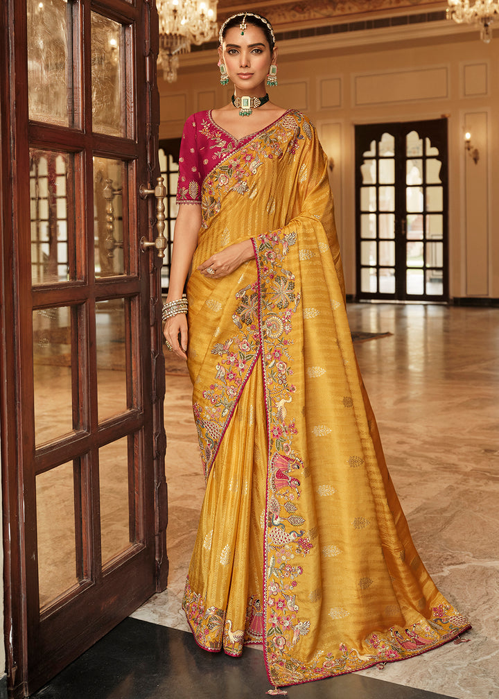 Buy Now Mustard Yellow Traditional Embroidered Designer Saree Online in US, UK, Canada, France, Germany, Denmark, Netherlands, Sweden & Worldwide at Empress.