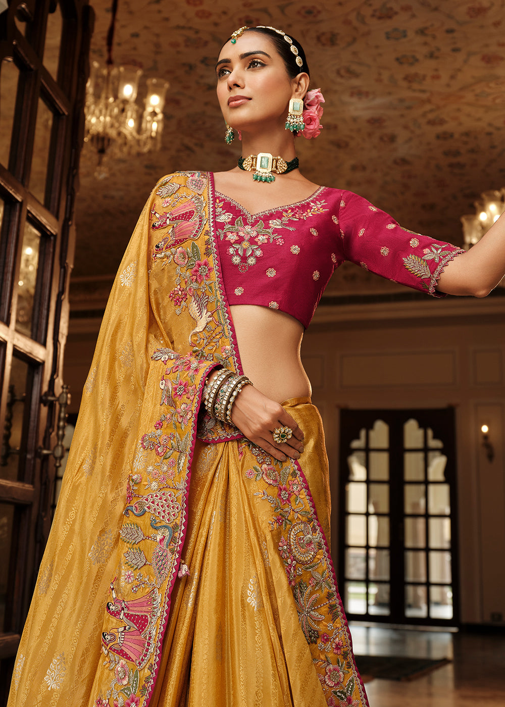Buy Now Mustard Yellow Traditional Embroidered Designer Saree Online in US, UK, Canada, France, Germany, Denmark, Netherlands, Sweden & Worldwide at Empress.