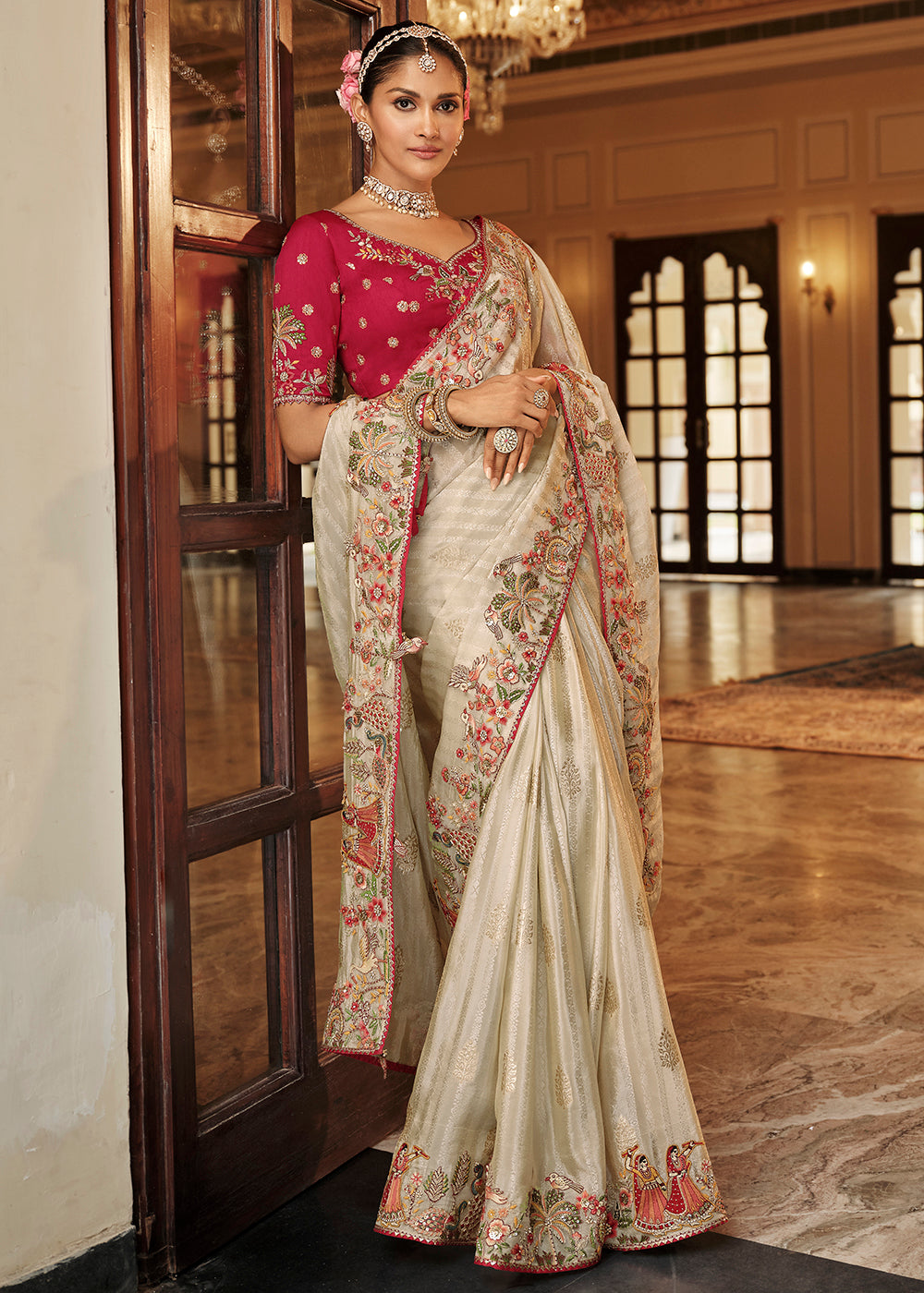 Buy Now Creamy Off White Traditional Embroidered Designer Saree Online in US, UK, Canada, France, Germany, Denmark, Netherlands, Sweden & Worldwide at Empress.