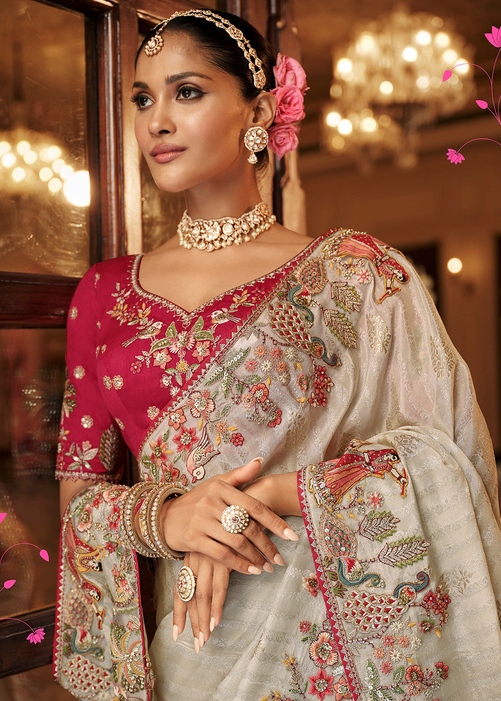 Buy Now Creamy Off White Traditional Embroidered Designer Saree Online in US, UK, Canada, France, Germany, Denmark, Netherlands, Sweden & Worldwide at Empress.